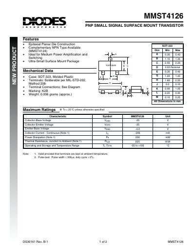Diodes MMST4126 PNP Small Signal Transistor Datasheet - cover page