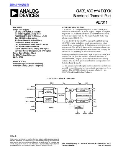 Analog Devices AD7011 CMOS DQPSK Modulator Datasheet - cover page