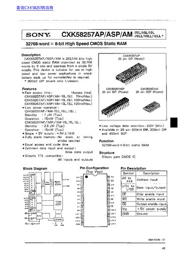 SONY CXK58257AP/ASP/AM 32768-word X 8-bit High Speed CMOS Static RAM Datasheet - cover page