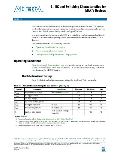 Altera MAX V Device DC and Switching Characteristics Datasheet - cover page