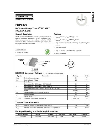 Fairchild FDP8896 N-Channel PowerTrench MOSFET Datasheet - cover page
