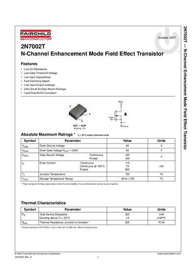 Fairchild Semiconductor 2N7002T N-Channel Enhancement Mode Field Effect Transistor Datasheet - cover page