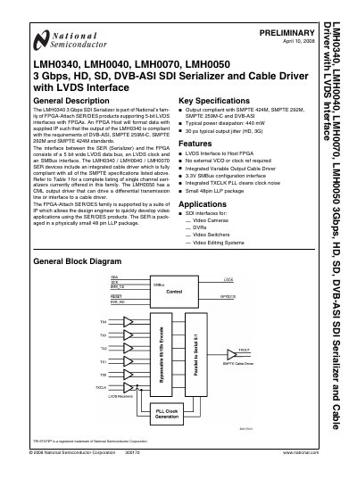National Semiconductor LMH0340/LMH0040/LMH0070/LMH0050 Serializer and Cable Driver Manual - cover page