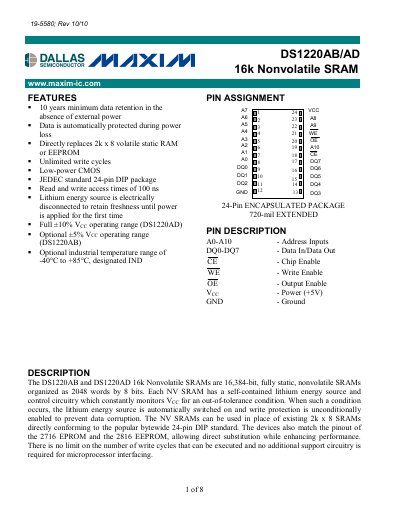 Maxim DS1220AB/AD 16k Nonvolatile SRAM Datasheet - cover page