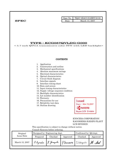 Kyocera KCG057QVLDG-G000 LCD Module Specification - cover page