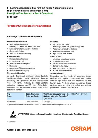 OSRAM SYLVANIA IR-Lumineszenzdiode (850 nm) mit hoher Ausgangsleistung High Power Infrared Emitter (850 nm) Lead (Pb) Free Product - RoHS Compliant SFH 4050 handbook - cover page