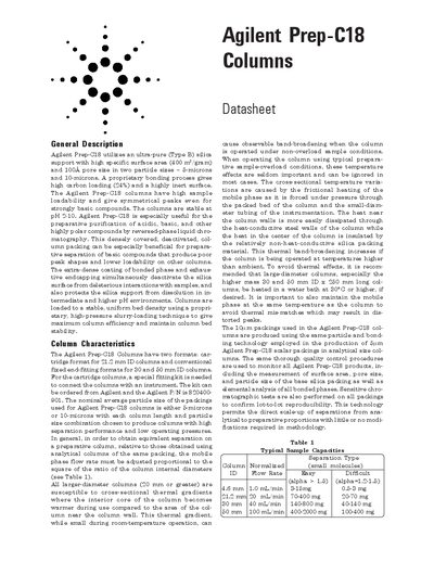 Agilent Prep-C18 Columns Datasheet
