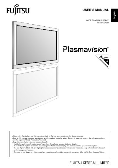 Fujitsu P63XHA70W Wide Plasma Display User Manual - cover page