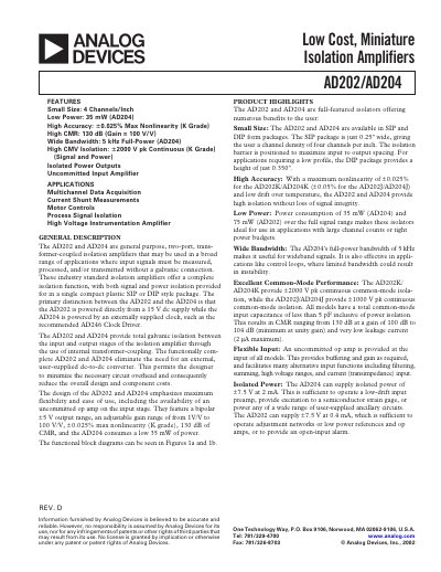 Analog Devices AD202/AD204 Isolation Amplifiers Datasheet - cover page