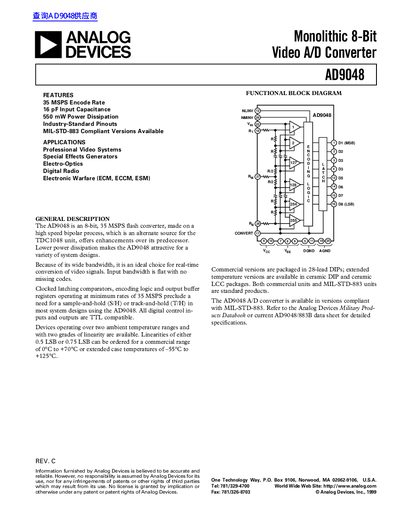 ANALOG DEVICES Monolithic 8-Bit Video A/D Converter AD9048 handbook - cover page