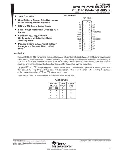 Texas Instruments SN100KT5539 Octal ECL-to-TTL Translator Datasheet - cover page