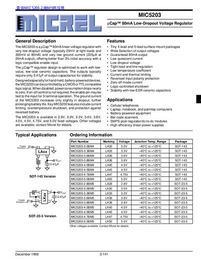 Micrel MIC5203 Cap 80mA Low-Dropout Voltage Regulator Datasheet - cover page