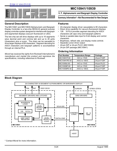 Micrel MIC10941/10939 V.F. Alphanumeric and Bargraph Display Controller Datasheet