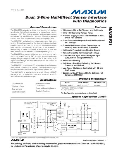 Maxim MAX9921 Dual 2-Wire Hall-Effect Sensor Interface Datasheet - cover page