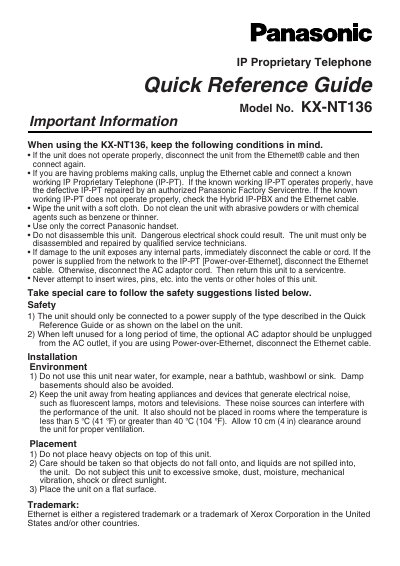 Panasonic KX-NT136 IP Proprietary Telephone Quick Reference Guide - cover page