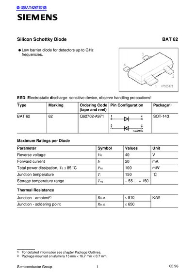 Siemens BAT62 Data Sheet - cover page