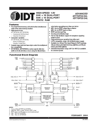 Integrated Device Technology IDT70P35/34L Dual-Port RAM Datasheet - cover page