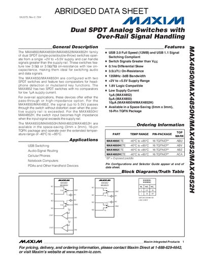 Maxim MAX4850/MAX4850H/MAX4852/MAX4852H Abridged Data Sheet - cover page