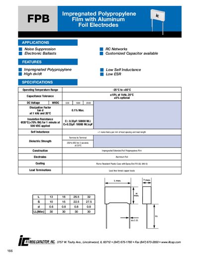 Illinois Capacitor FPB Impregnated Polypropylene Film with Aluminum Foil Electrodes Datasheet - cover page