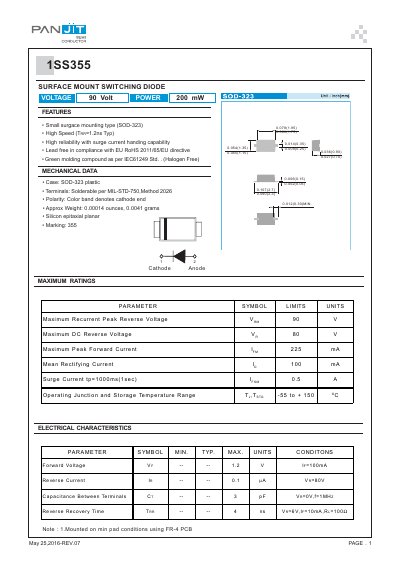 Panjit 1SS355 Voltage Power Switching Diode Datasheet - cover page