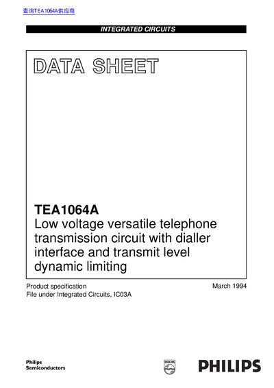Philips TEA1064A Low Voltage Versatile Telephone Transmission Circuit Datasheet - cover page