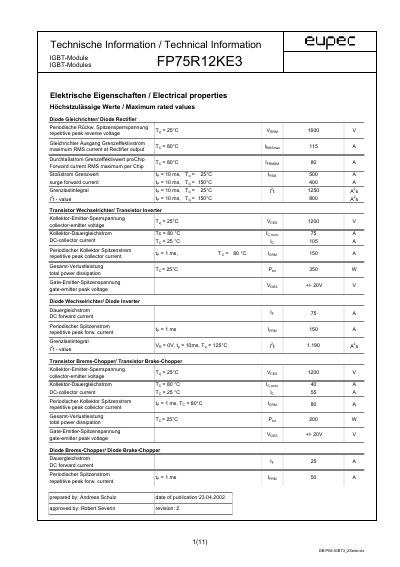 EUPEC FP75R12KE3 IGBT Module Datasheet - cover page
