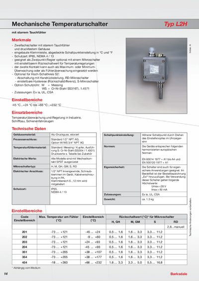 Barksdale L2H Mechanical Temperature Switch Technical Data - cover page
