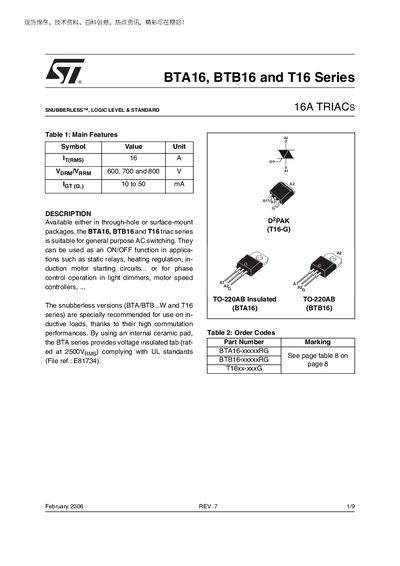 STMicroelectronics BTA16 BTB16 T16 Series Triac Datasheet - cover page