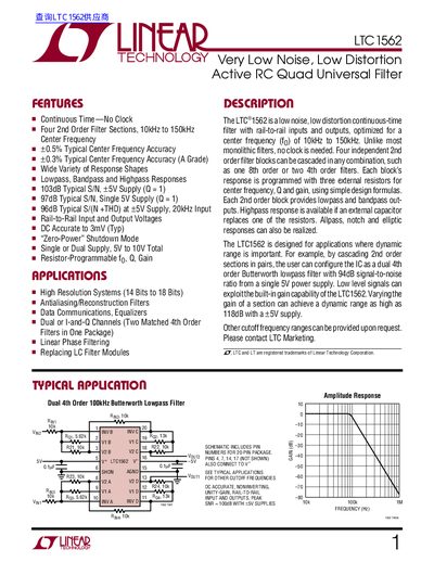 Linear Technology LTC1562 Active RC Quad Universal Filter Datasheet - cover page
