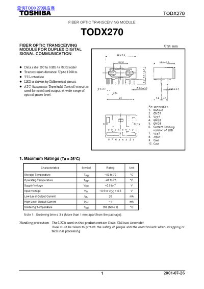 Toshiba TODX270 Fiber Optic Transceiving Module Datasheet - cover page