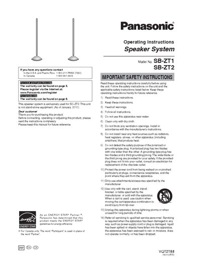 Panasonic SB-ZT1/SB-ZT2 Speaker System Operating Instructions - cover page