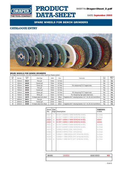 Draper Spare Wheels for Bench Grinders Product Sheet - cover page