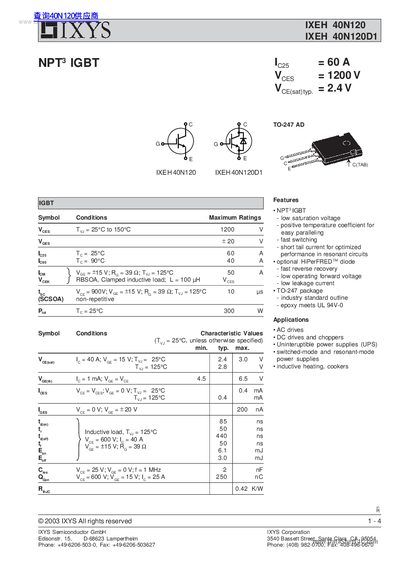 IXYS IXEH 40N120 IXEH 40N120D1 Data Sheet - cover page