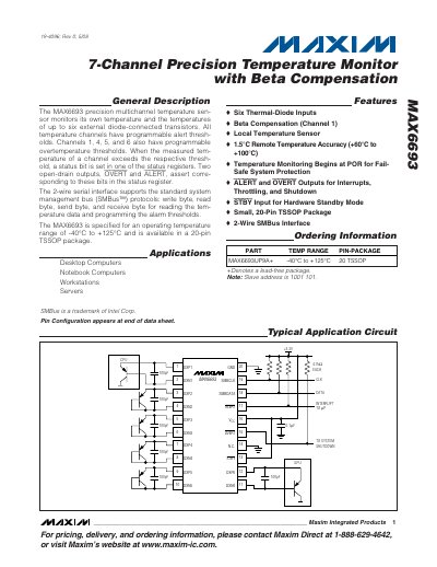 Maxim MAX6693 7-Channel Precision Temperature Monitor Datasheet - cover page