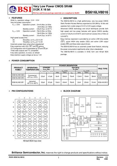 Brilliance Semiconductor BS616LV8016 SRAM Datasheet - cover page