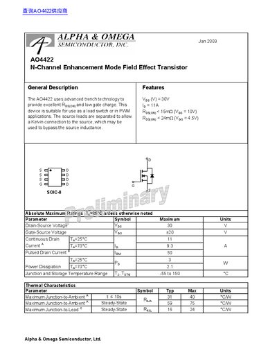 Alpha & Omega Semiconductor A04422 Datasheet - cover page