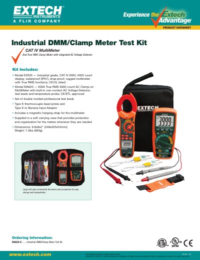 EXTECH MA620-K Industrial DMM/Clamp Meter Test Kit Product Datasheet - cover page