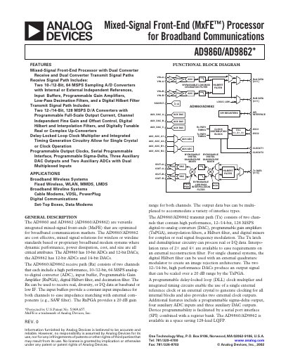 Analog Devices AD9860/AD9862 Mixed-Signal Front-End Processor Datasheet - cover page