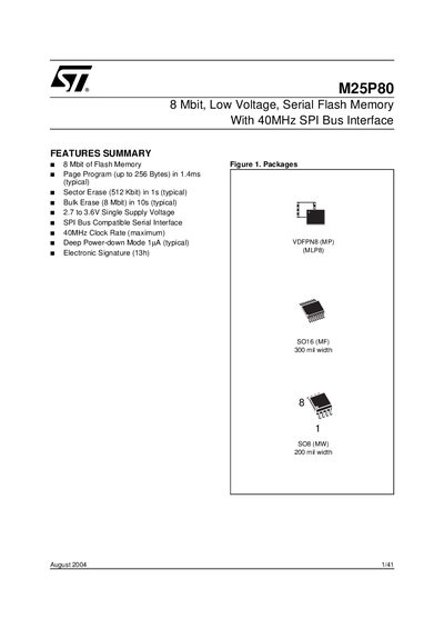 STMicroelectronics M25P80 Serial Flash Memory Datasheet