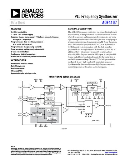 Analog Devices ADF4107 PLL Frequency Synthesizer Datasheet