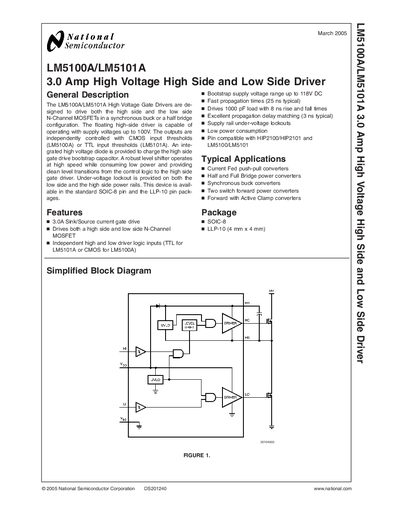 National Semiconductor LM5100A/LM5101A 3.0 A High Voltage High‑Side and Low‑Side Driver Datasheet - cover page