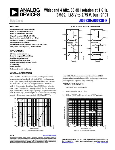 Analog Devices ADG936/ADG936-R Wideband Analog Switch Data Sheet