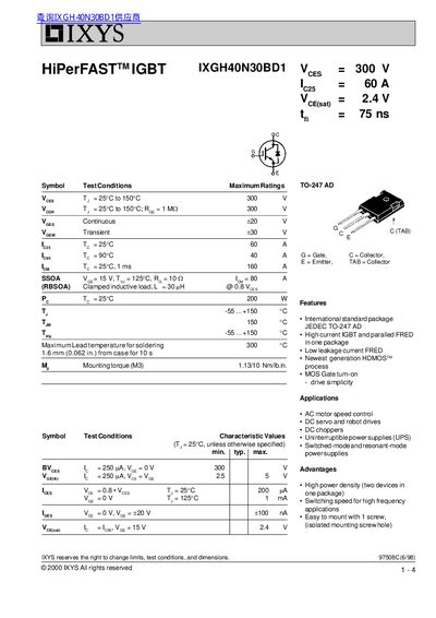 IXYS IXGH40N30BD1 IGBT Datasheet - cover page