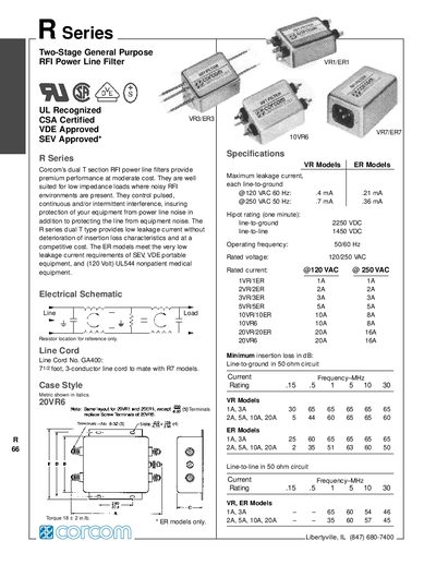 Corcom R Series Two-Stage General Purpose RFI Power Line Filter Datasheet - cover page