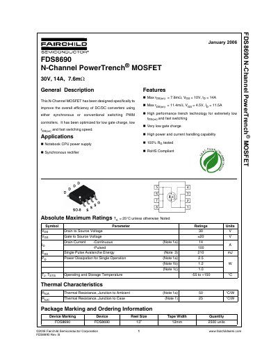 Fairchild FDS8690 N-Channel PowerTrench MOSFET Datasheet - cover page