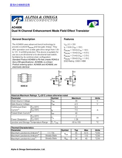 Alpha & Omega AO4806 Dual N-Channel Enhancement Mode Field Effect Transistor Datasheet - cover page