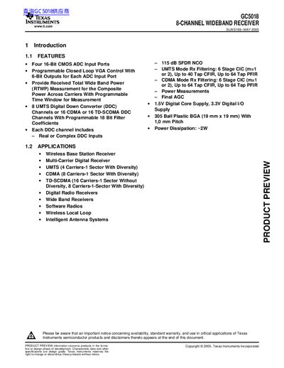 Texas Instruments GC5018 8-Channel Wideband Receiver Handbook - cover page