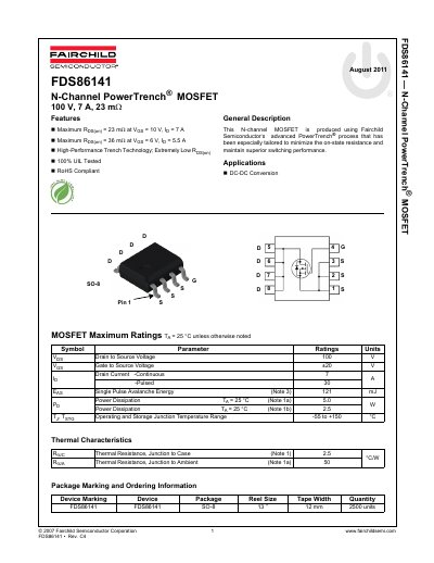 Fairchild FDS86141 N-Channel PowerTrench MOSFET Datasheet - cover page