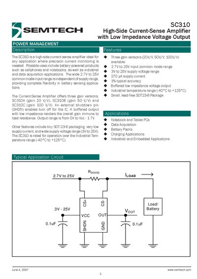Semtech SC310 High‑Side Current‑Sense Amplifier Datasheet - cover page