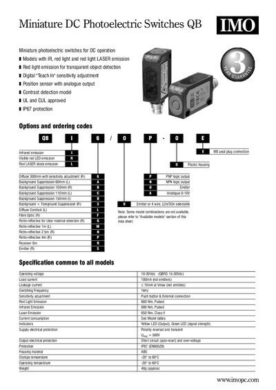 IMO QB Miniature DC Photoelectric Switches Datasheet - cover page